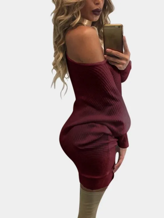 Wholesale Burgundy Long Sleeve Plain Irregular Hem Mini Dresses