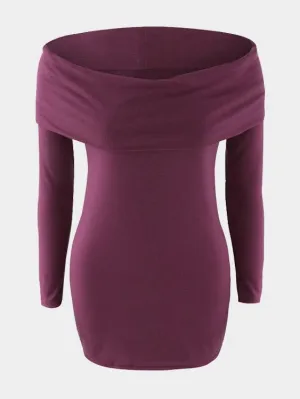 Wholesale Burgundy Off The Shoulder Long Sleeve Plain Bodycon Hem Mini Dress