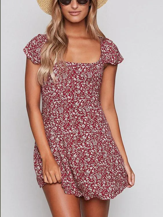 Wholesale Burgundy Sleeveless Floral Print Lace-Up Mini Dresses
