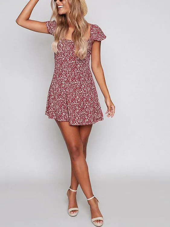 Wholesale Burgundy Sleeveless Floral Print Lace-Up Mini Dresses