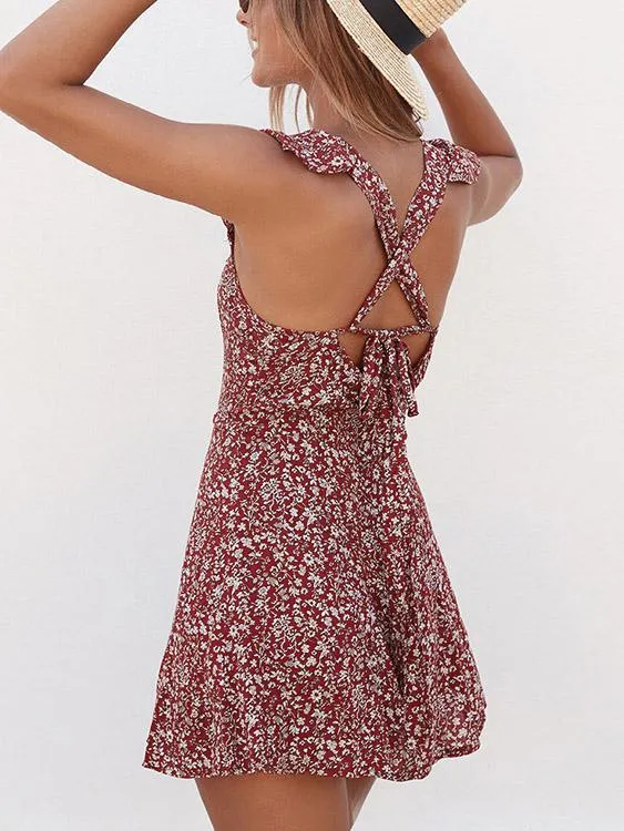 Wholesale Burgundy Sleeveless Floral Print Lace-Up Mini Dresses