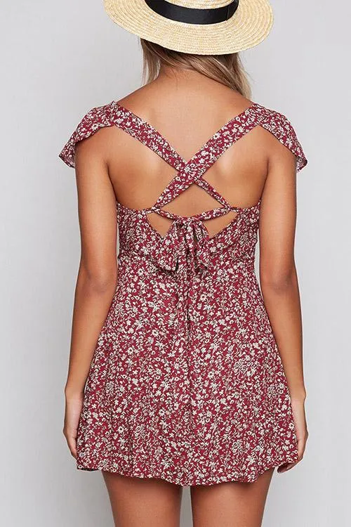 Wholesale Burgundy Sleeveless Floral Print Lace-Up Mini Dresses