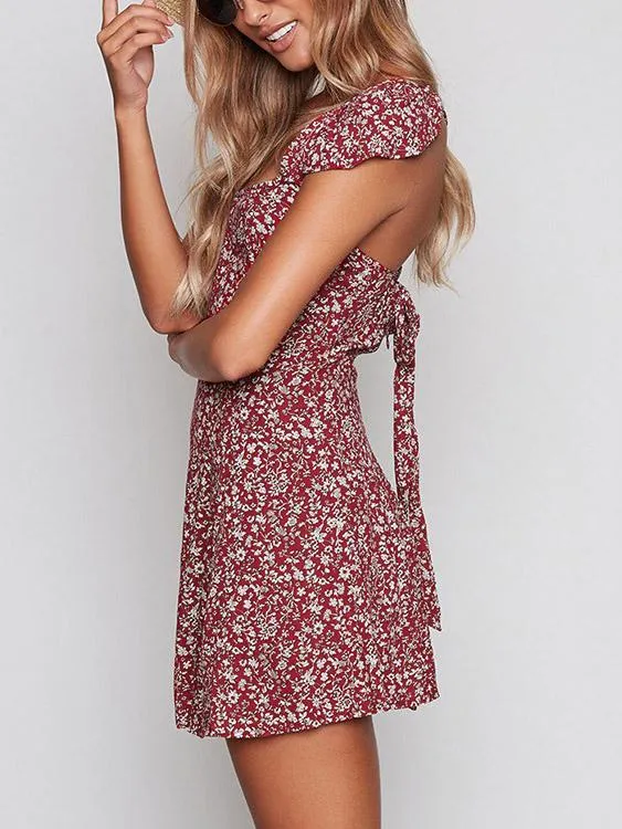 Wholesale Burgundy Sleeveless Floral Print Lace-Up Mini Dresses