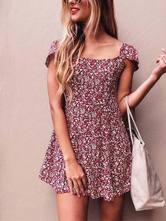 Wholesale Burgundy Sleeveless Floral Print Lace-Up Mini Dresses