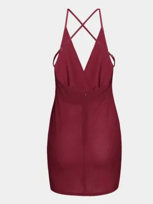 Wholesale Burgundy V-Neck Sleeveless Backless Spaghetti Strap Irregular Hem Mini Dress