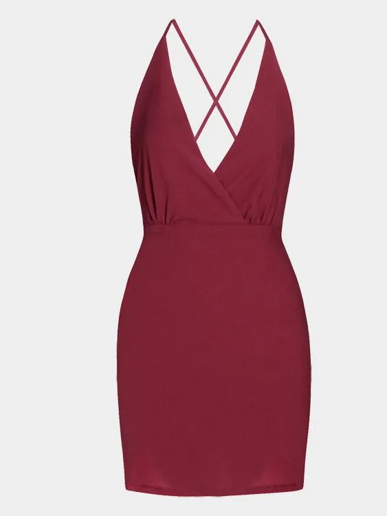 Wholesale Burgundy V-Neck Sleeveless Backless Spaghetti Strap Irregular Hem Mini Dress