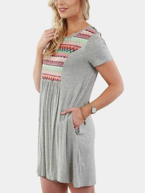 Wholesale Grey Round Neck Short Sleeve Wave Mini Dress