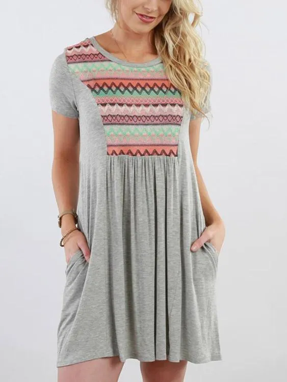 Wholesale Grey Round Neck Short Sleeve Wave Mini Dress