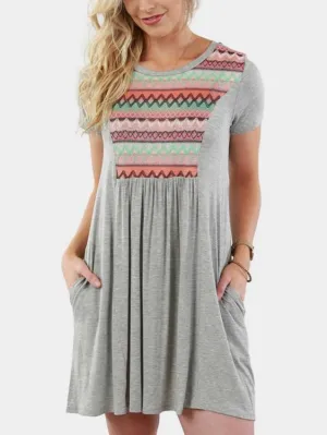 Wholesale Grey Round Neck Short Sleeve Wave Mini Dress