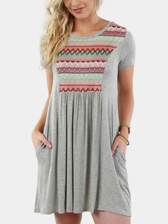 Wholesale Grey Round Neck Short Sleeve Wave Mini Dress
