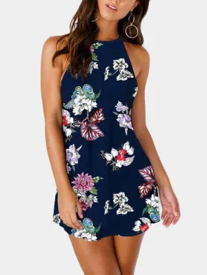 Wholesale Halter Sleeveless Floral Print Backless Navy Mini Dress