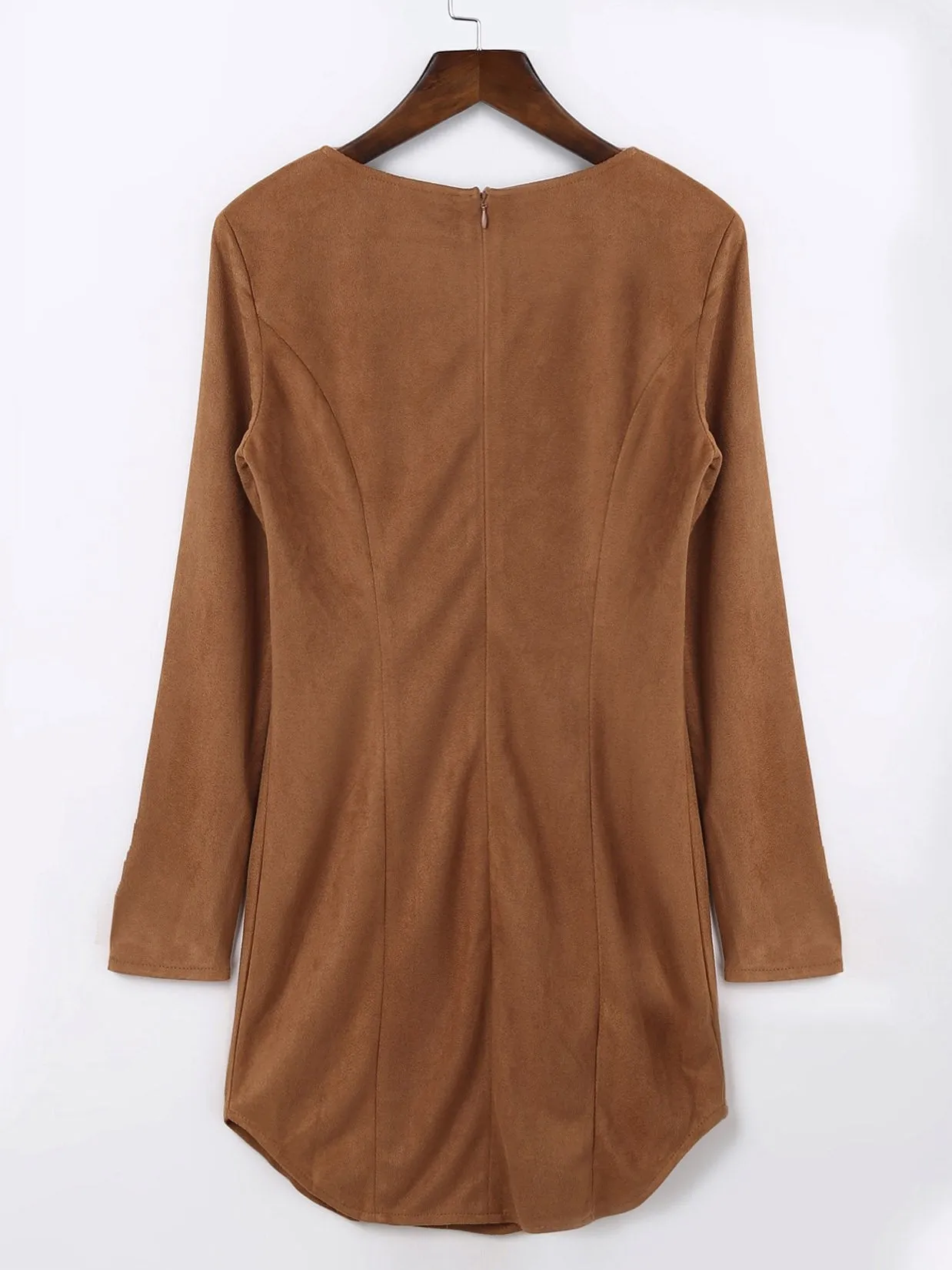 Wholesale Khaki Round Neck Long Sleeve Plain Irregular Hem Mini Dresses