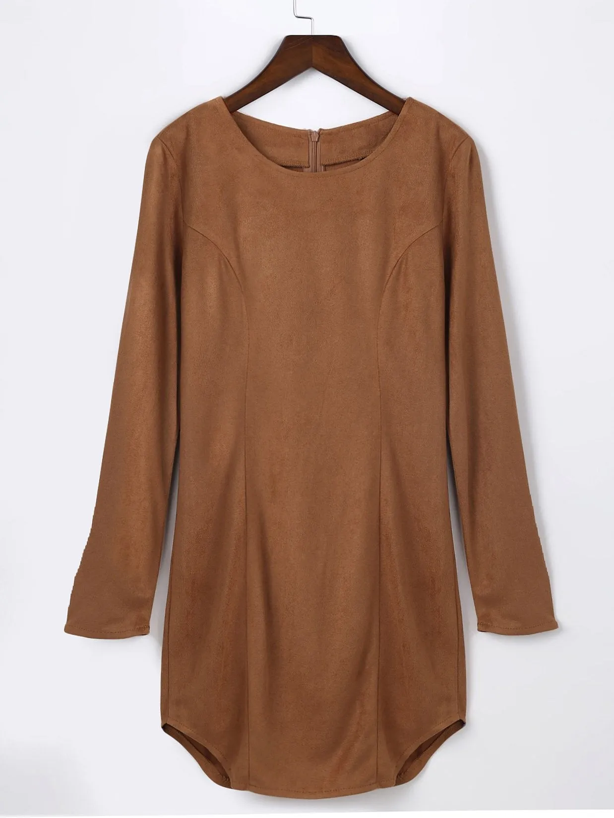 Wholesale Khaki Round Neck Long Sleeve Plain Irregular Hem Mini Dresses