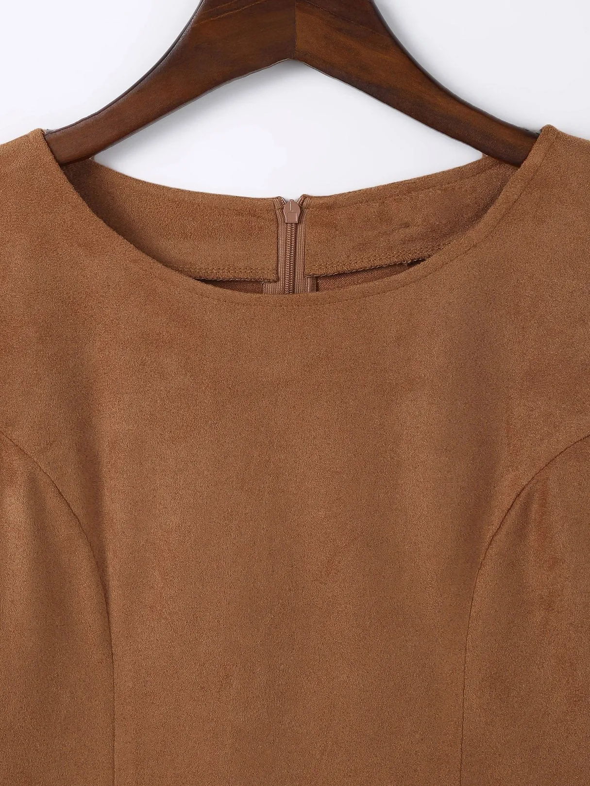 Wholesale Khaki Round Neck Long Sleeve Plain Irregular Hem Mini Dresses