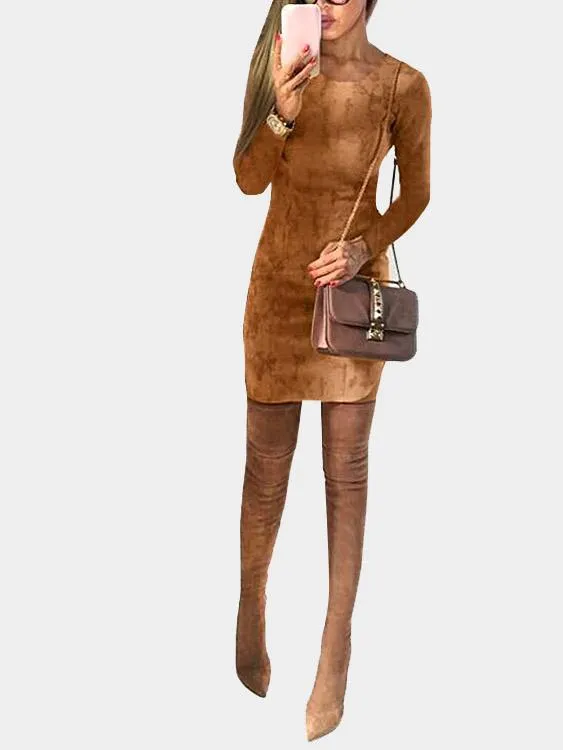 Wholesale Khaki Round Neck Long Sleeve Plain Irregular Hem Mini Dresses