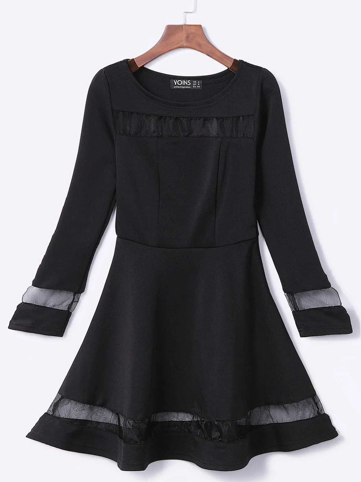 Wholesale Round Neck Long Sleeve Plain Black Mini Dress