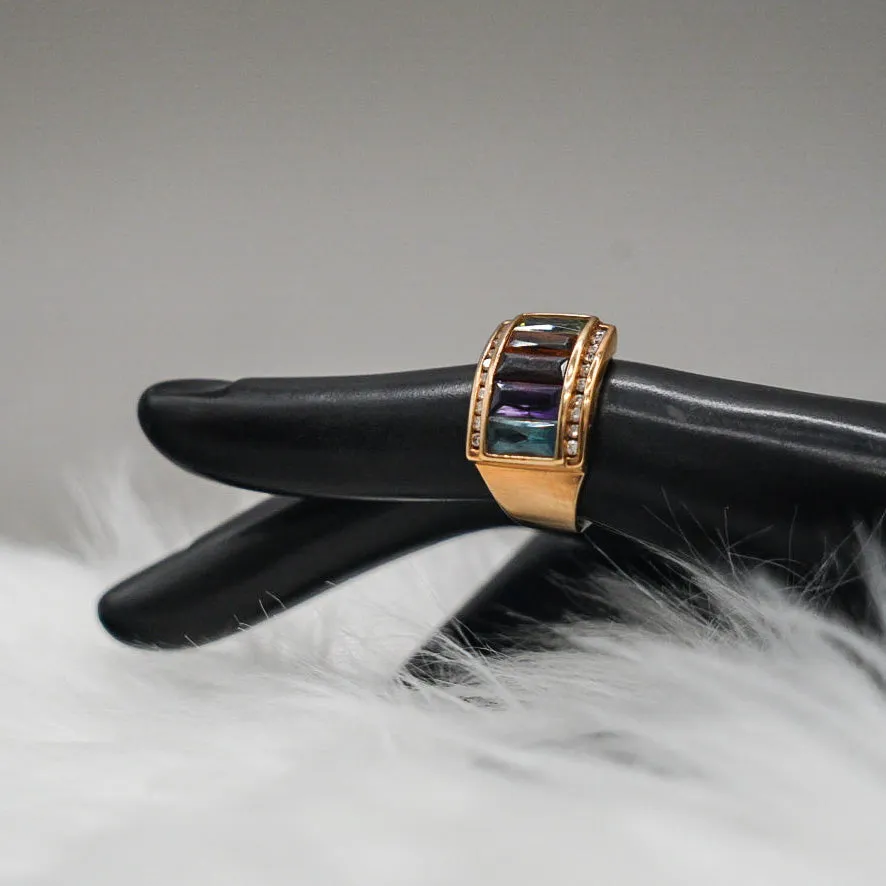 Women Ring 18K Yellow Gold With Diamonds-Colorstone / 8.8gr / Size 7.5