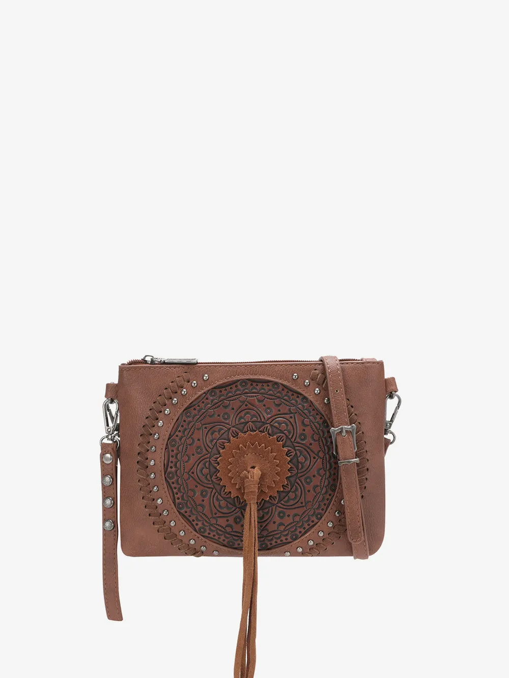 Wrangler Tooled Leather Tassel Crossbody Clutch