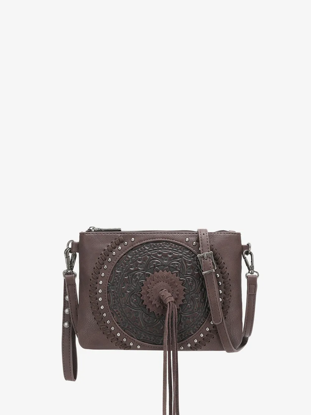 Wrangler Tooled Leather Tassel Crossbody Clutch