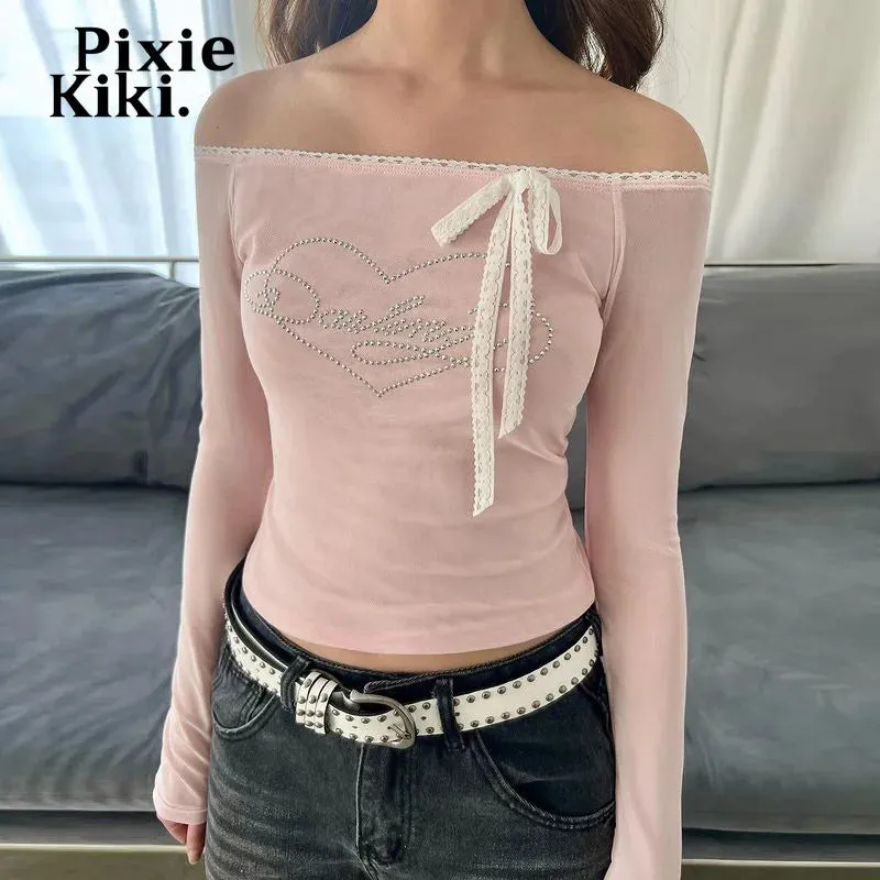 Y2k Lace Bow Rhinestone Mesh Pink Shirts Crop Tops Women 2024 Fall Kawaii Off Shoulder Long Sleeve Tees P84-BI10