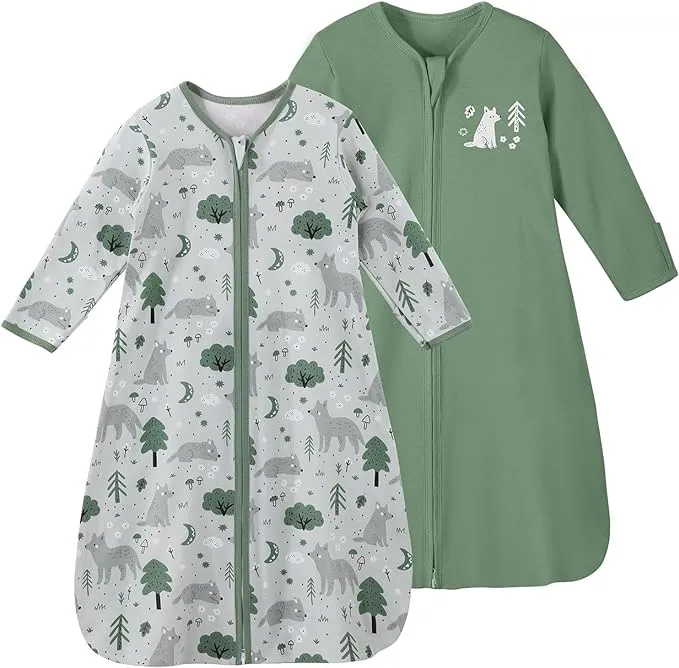 Yoofoss Baby Sleeping Bag 2 Pack 6-12 Months Baby Sleep Sack 0.5 TOG 100% Cotton Toddler Wearable Blanket Green for Infant Toddler