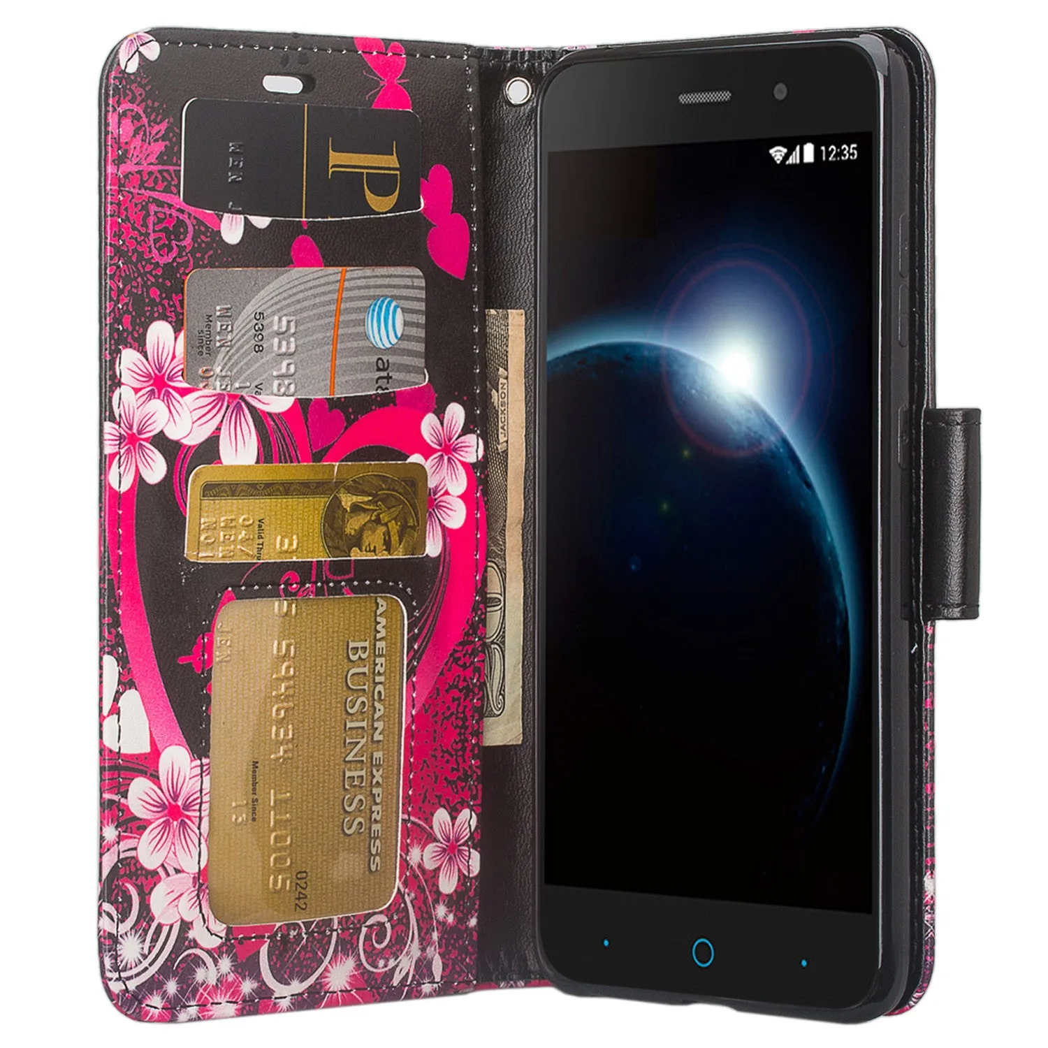 ZTE Sequoia | Blade Z Max | ZTE Z982 Case, Wrist Strap Pu Leather Magnetic Flip[Kickstand] Wallet Case Cover with ID & Card Slots - Heart Butterflies