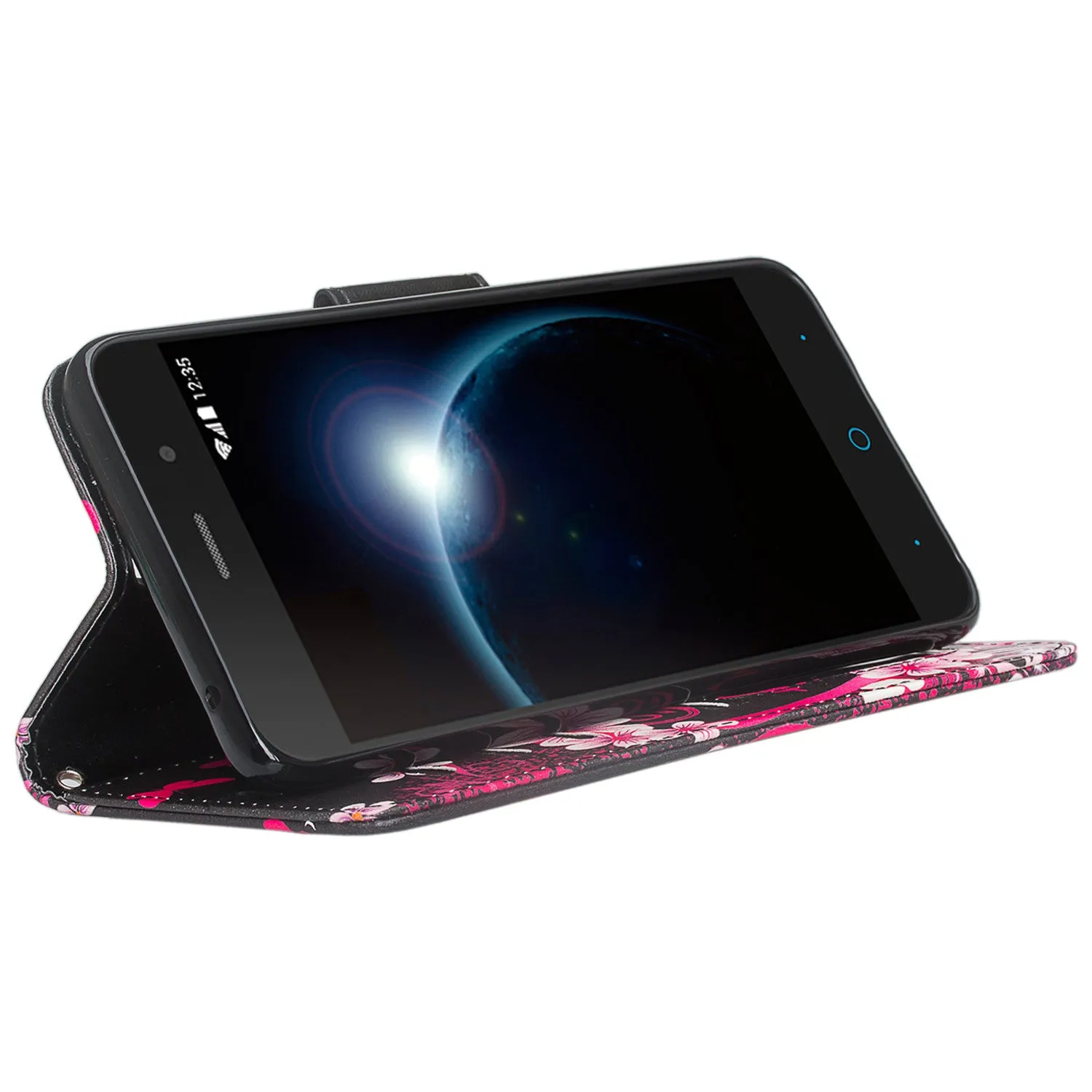 ZTE Sequoia | Blade Z Max | ZTE Z982 Case, Wrist Strap Pu Leather Magnetic Flip[Kickstand] Wallet Case Cover with ID & Card Slots - Heart Butterflies