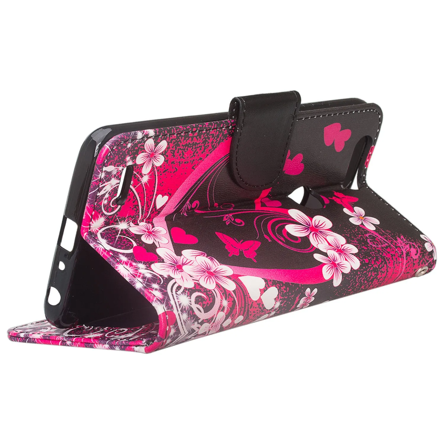 ZTE Sequoia | Blade Z Max | ZTE Z982 Case, Wrist Strap Pu Leather Magnetic Flip[Kickstand] Wallet Case Cover with ID & Card Slots - Heart Butterflies