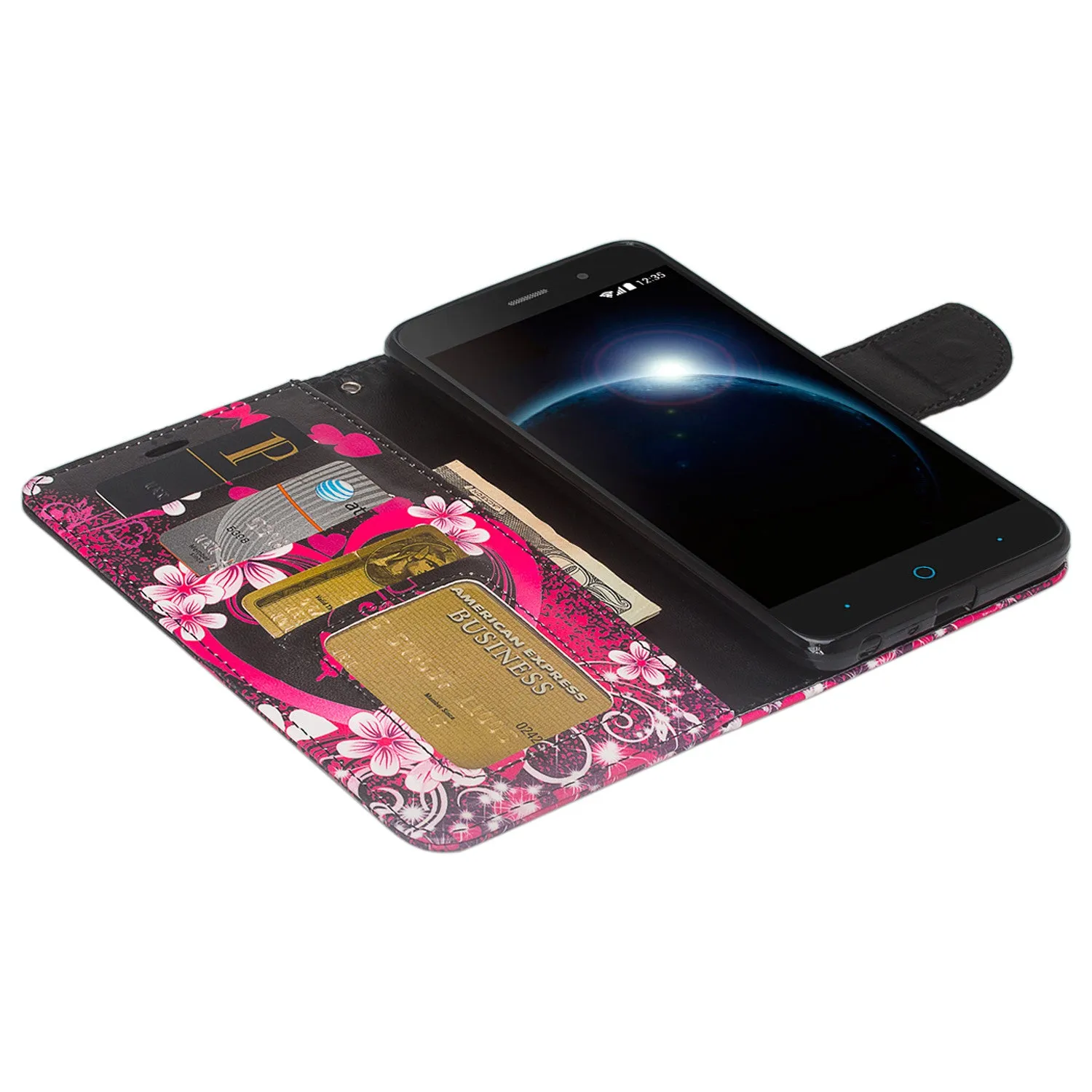 ZTE Sequoia | Blade Z Max | ZTE Z982 Case, Wrist Strap Pu Leather Magnetic Flip[Kickstand] Wallet Case Cover with ID & Card Slots - Heart Butterflies