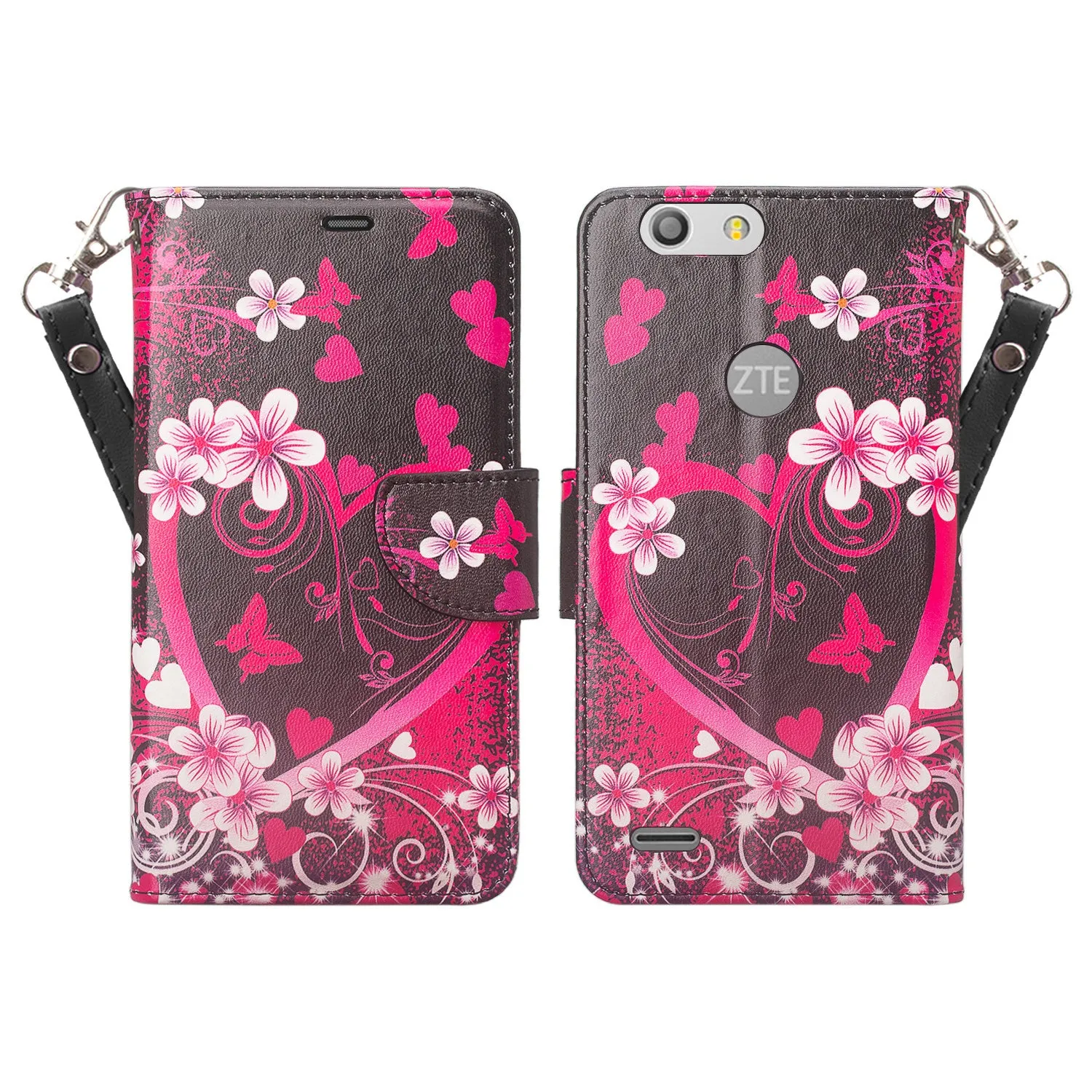 ZTE Sequoia | Blade Z Max | ZTE Z982 Case, Wrist Strap Pu Leather Magnetic Flip[Kickstand] Wallet Case Cover with ID & Card Slots - Heart Butterflies