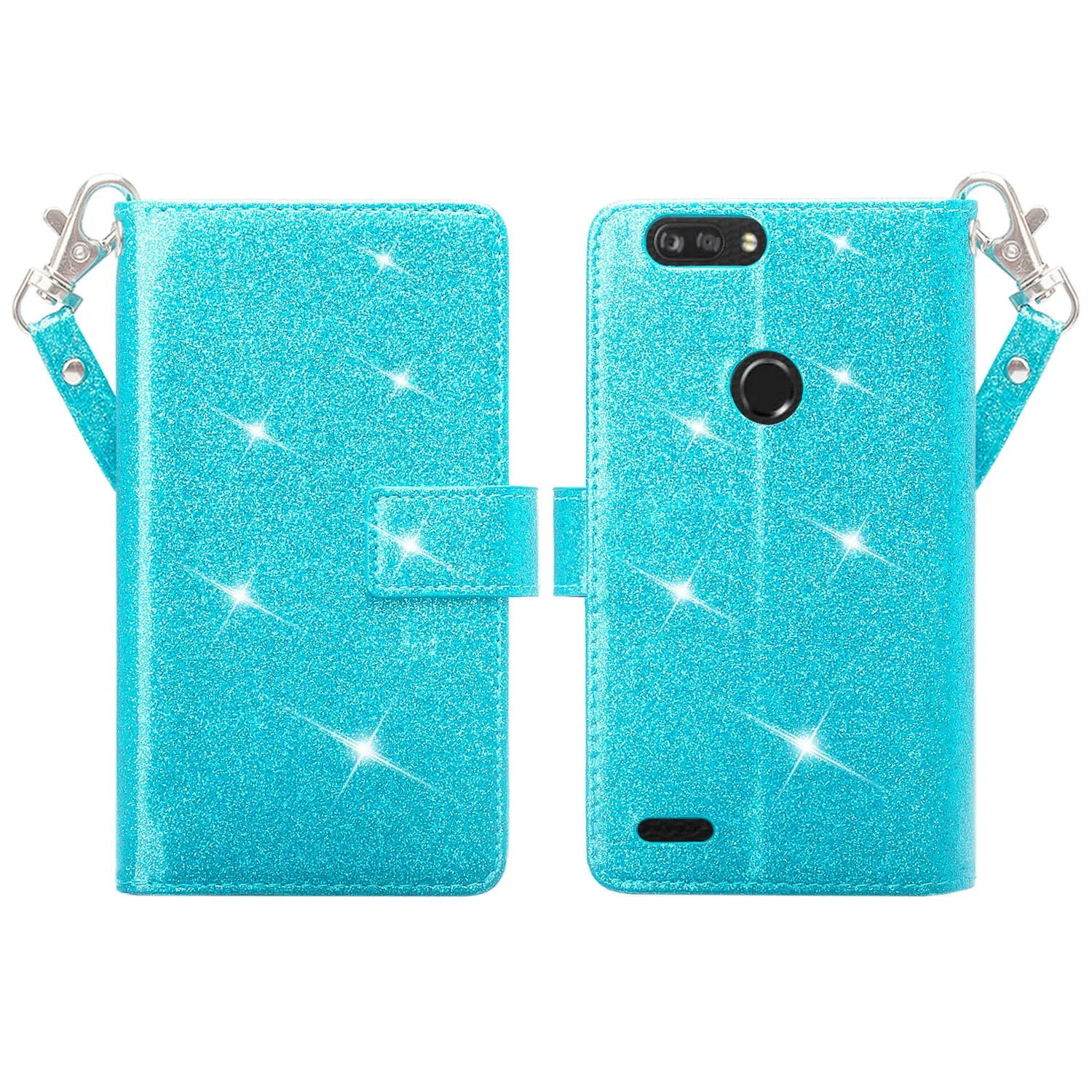 ZTE Sequoia Case, Blade Z Max, ZTE Z982 Case, [Wrist Strap] Glitter Faux Leather Flip [Kickstand Feature] Protective Wallet Case Clutch - Teal