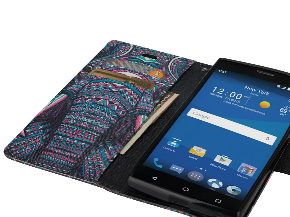 ZTE ZMAX 2 | Z958 Case, Wrist Strap Magnetic Fold[Kickstand] Pu Leather Wallet Case with ID & Credit Card Slots for ZTE ZMAX 2 - Tribal Elephant