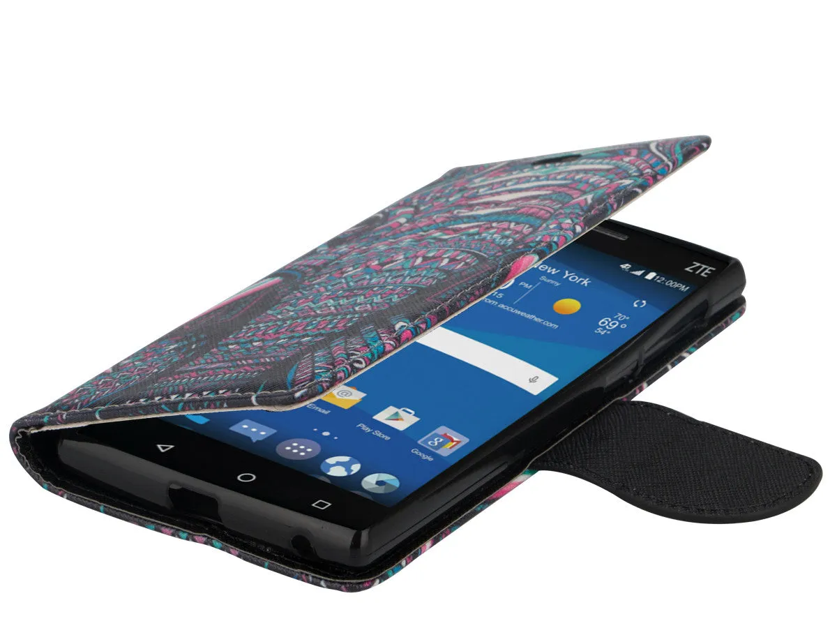 ZTE ZMAX 2 | Z958 Case, Wrist Strap Magnetic Fold[Kickstand] Pu Leather Wallet Case with ID & Credit Card Slots for ZTE ZMAX 2 - Tribal Elephant