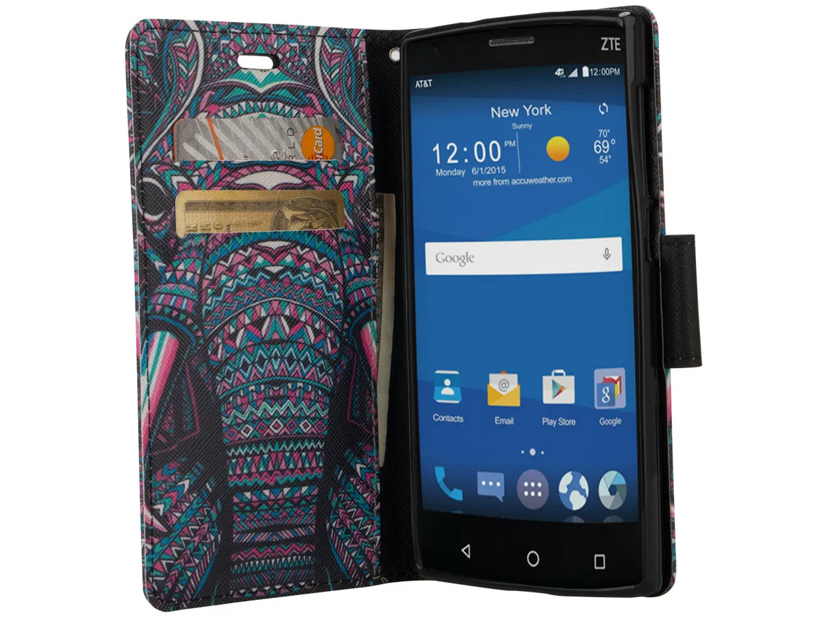 ZTE ZMAX 2 | Z958 Case, Wrist Strap Magnetic Fold[Kickstand] Pu Leather Wallet Case with ID & Credit Card Slots for ZTE ZMAX 2 - Tribal Elephant