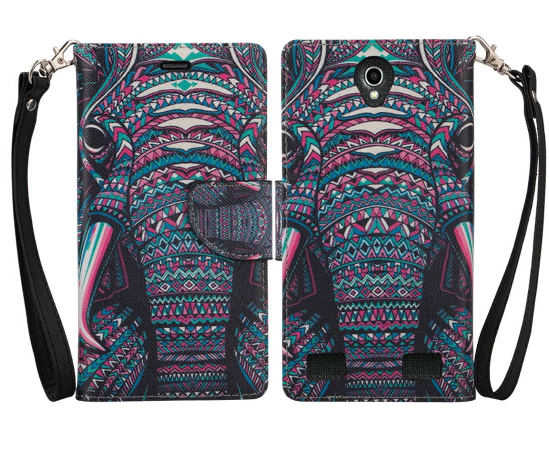 ZTE ZMAX 2 | Z958 Case, Wrist Strap Magnetic Fold[Kickstand] Pu Leather Wallet Case with ID & Credit Card Slots for ZTE ZMAX 2 - Tribal Elephant